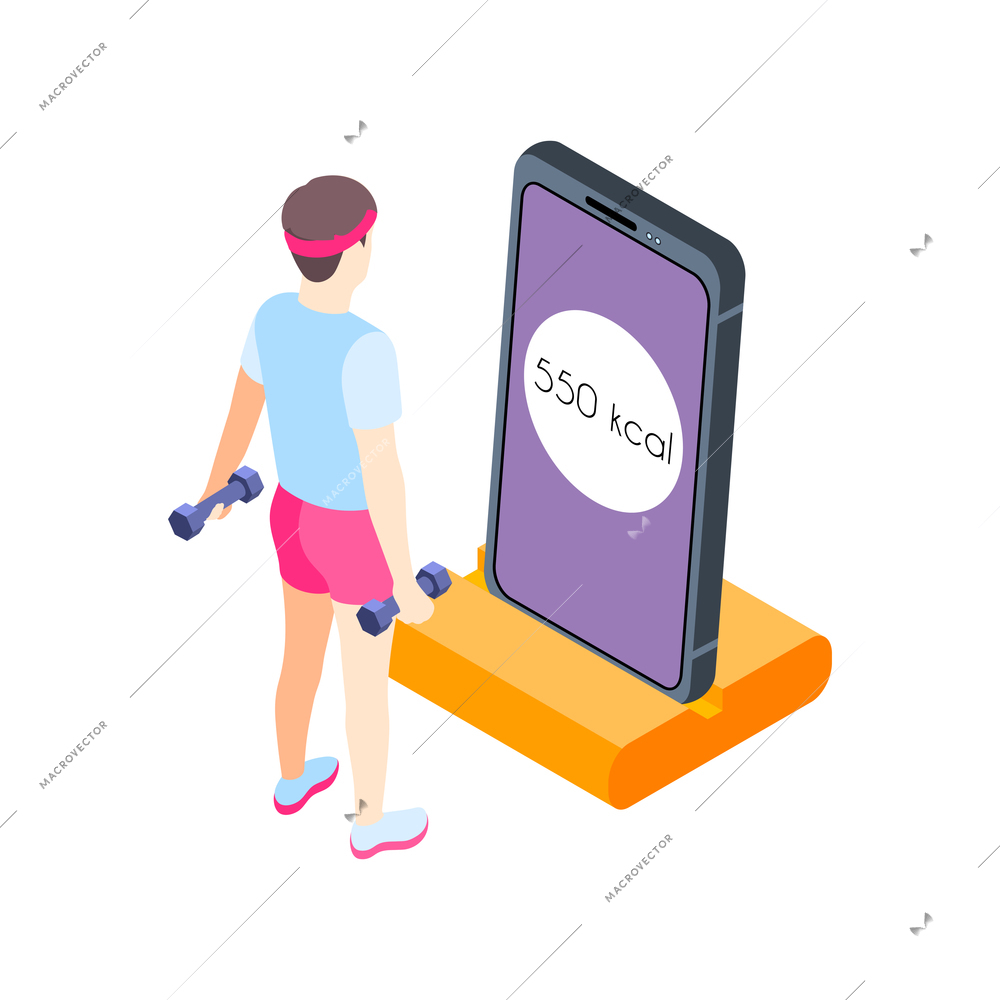 Fitness online isometric composition with female character doing remote physical exercises using phone vector illustration