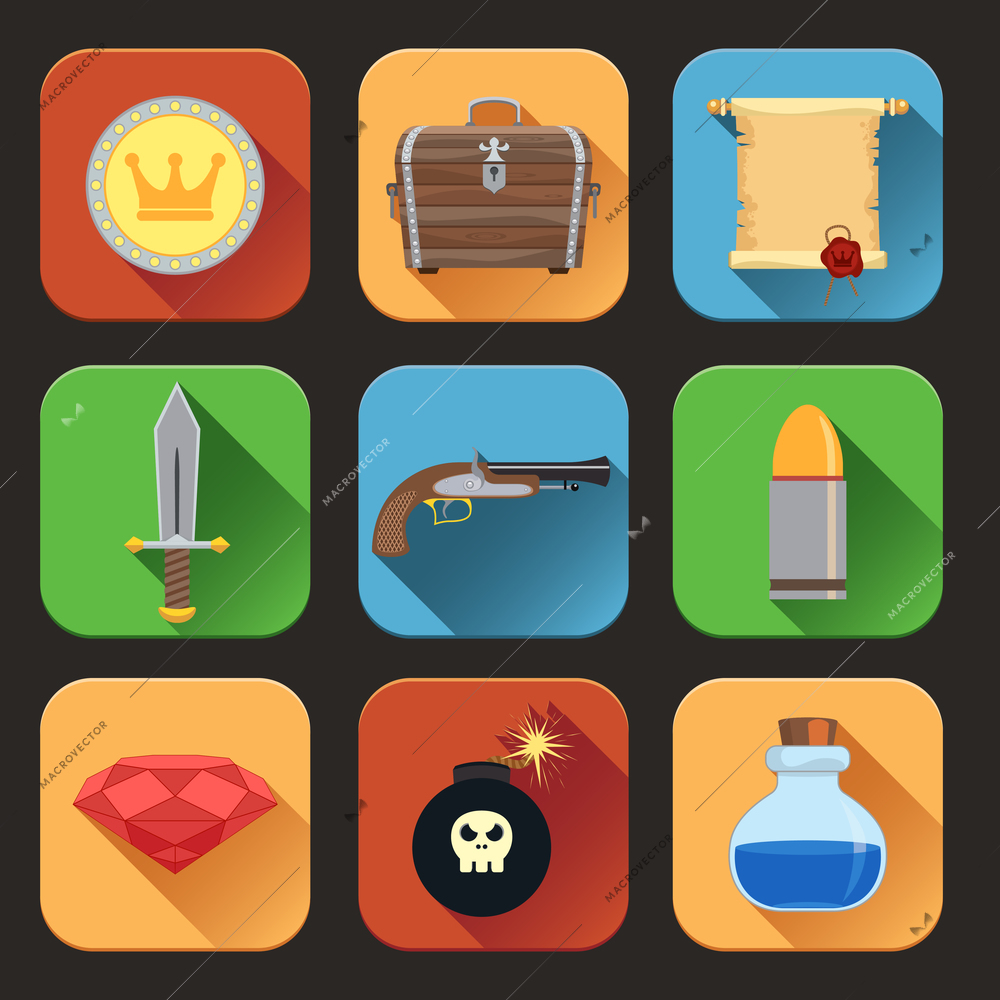 Game resources play elements flat icons set of chest  shield sword isolated vector illustration