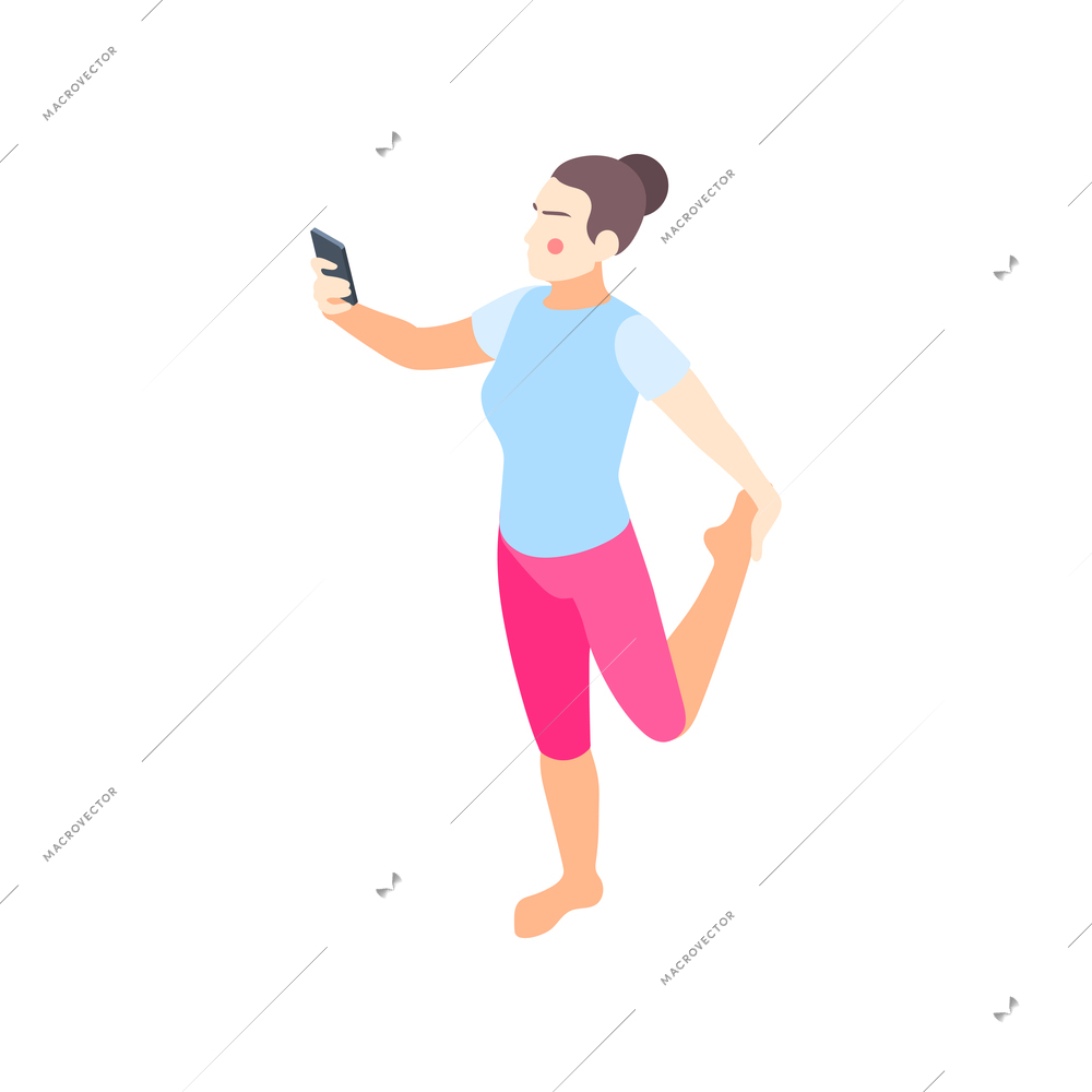 Fitness online isometric composition with female character doing remote physical exercises using phone vector illustration