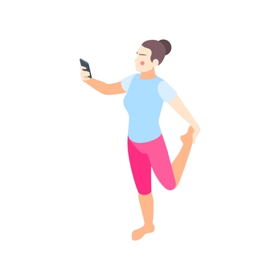 Fitness online isometric composition with female character doing remote physical exercises using phone vector illustration