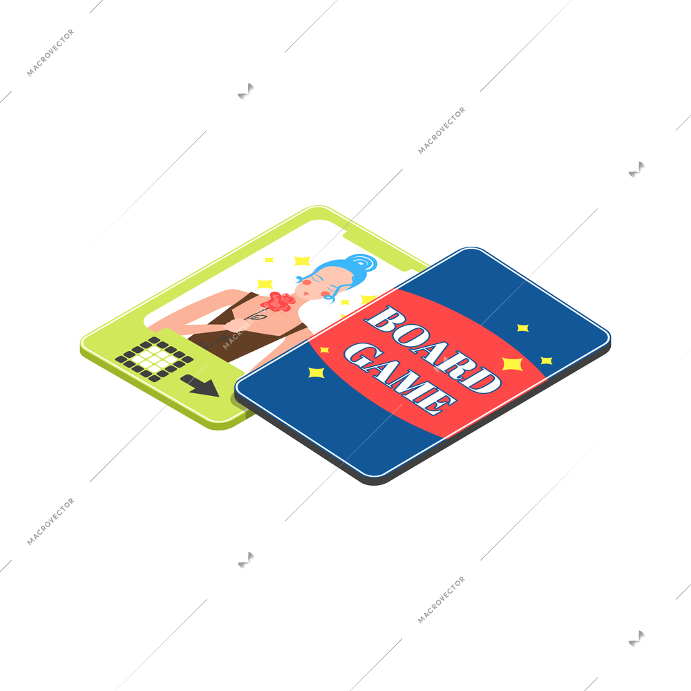 Board games isometric icons composition with board game cards vector illustration