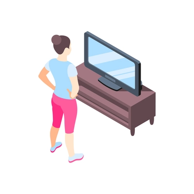 Fitness online isometric composition with female character doing remote physical exercises using tv vector illustration