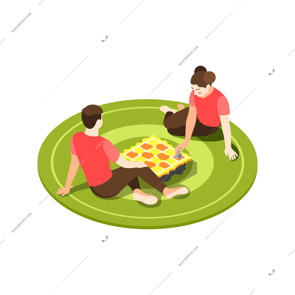 Board games isometric icons composition with couple playing chess on the floor vector illustration