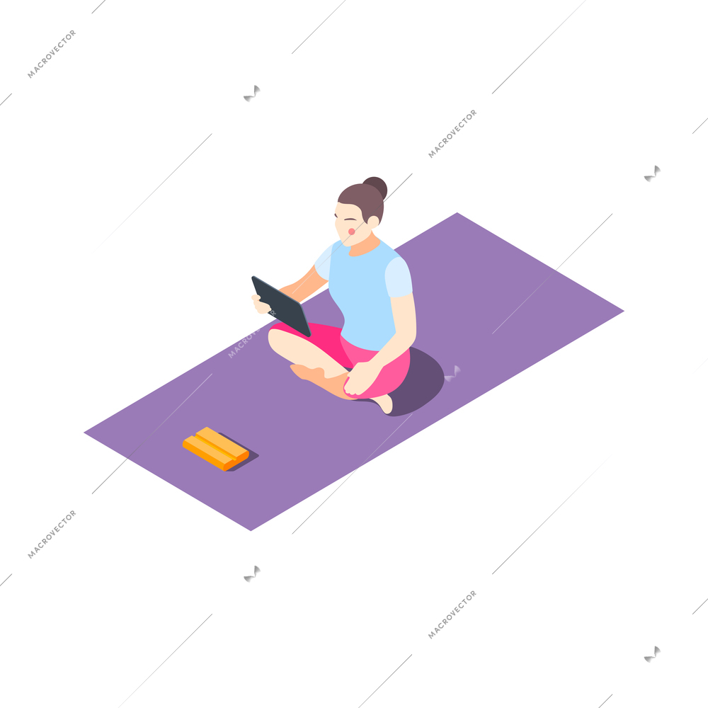 Fitness online isometric composition with female character doing remote physical exercises using tablet vector illustration