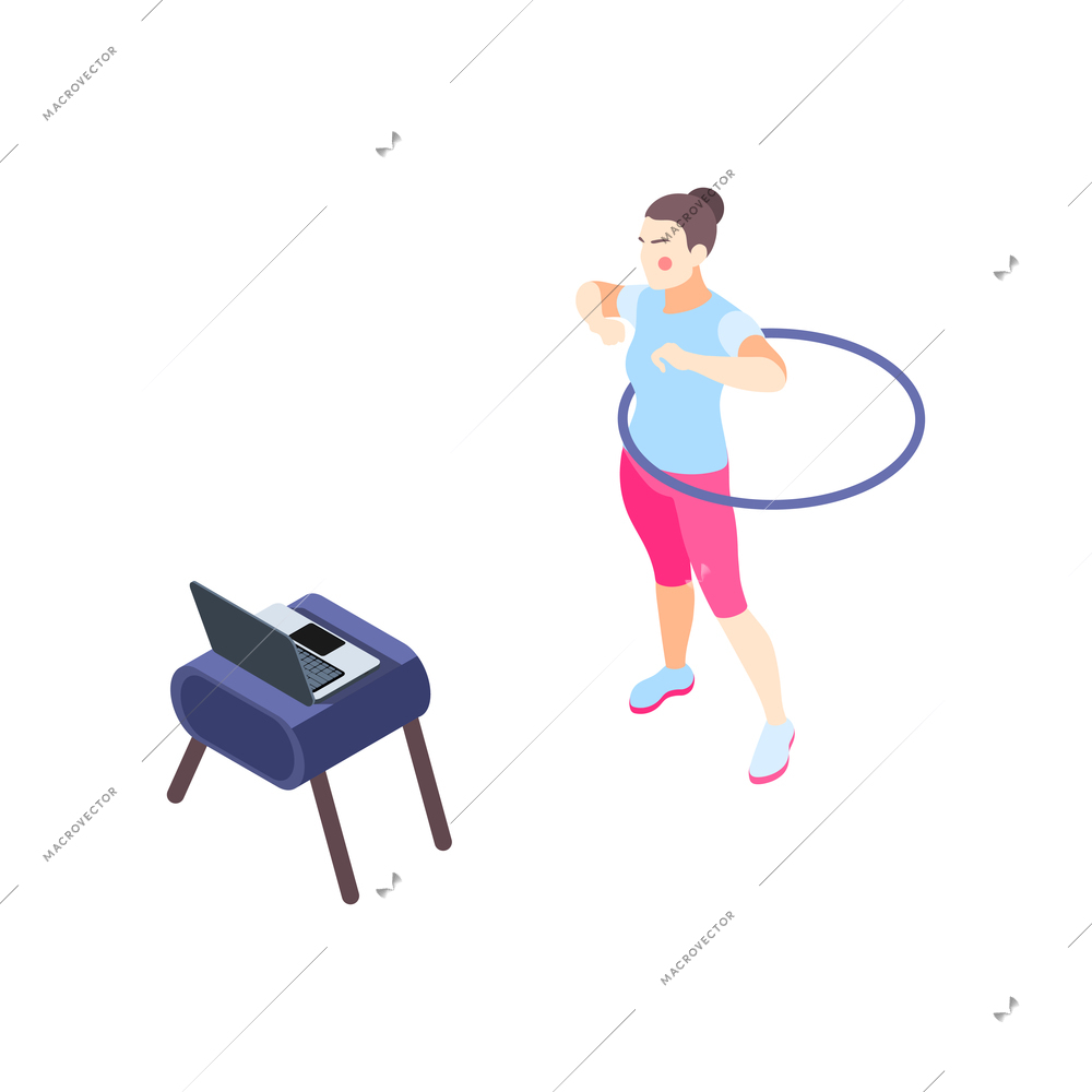 Fitness online isometric composition with female character doing remote physical exercises with hoop vector illustration
