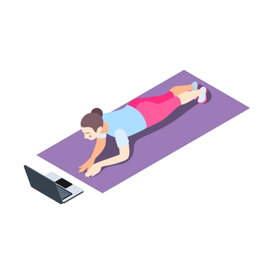 Fitness online isometric composition with female character doing remote physical exercises using laptop vector illustration