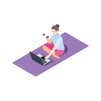 Fitness online isometric composition with female character doing remote physical exercises using laptop vector illustration