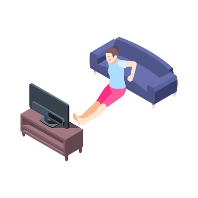 Fitness online isometric composition with female character doing remote physical exercises on sofa vector illustration