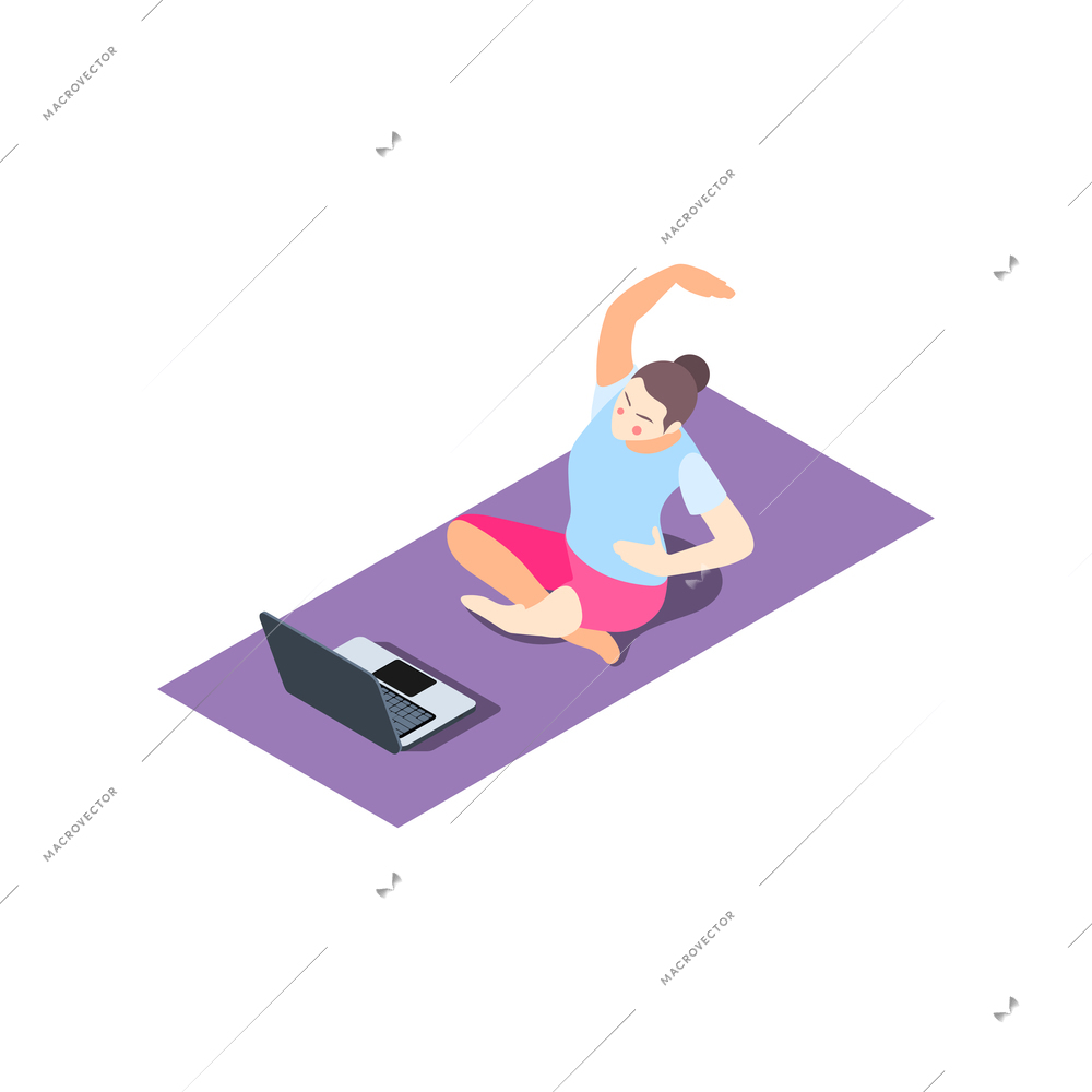 Fitness online isometric composition with female character doing remote physical exercises using laptop vector illustration