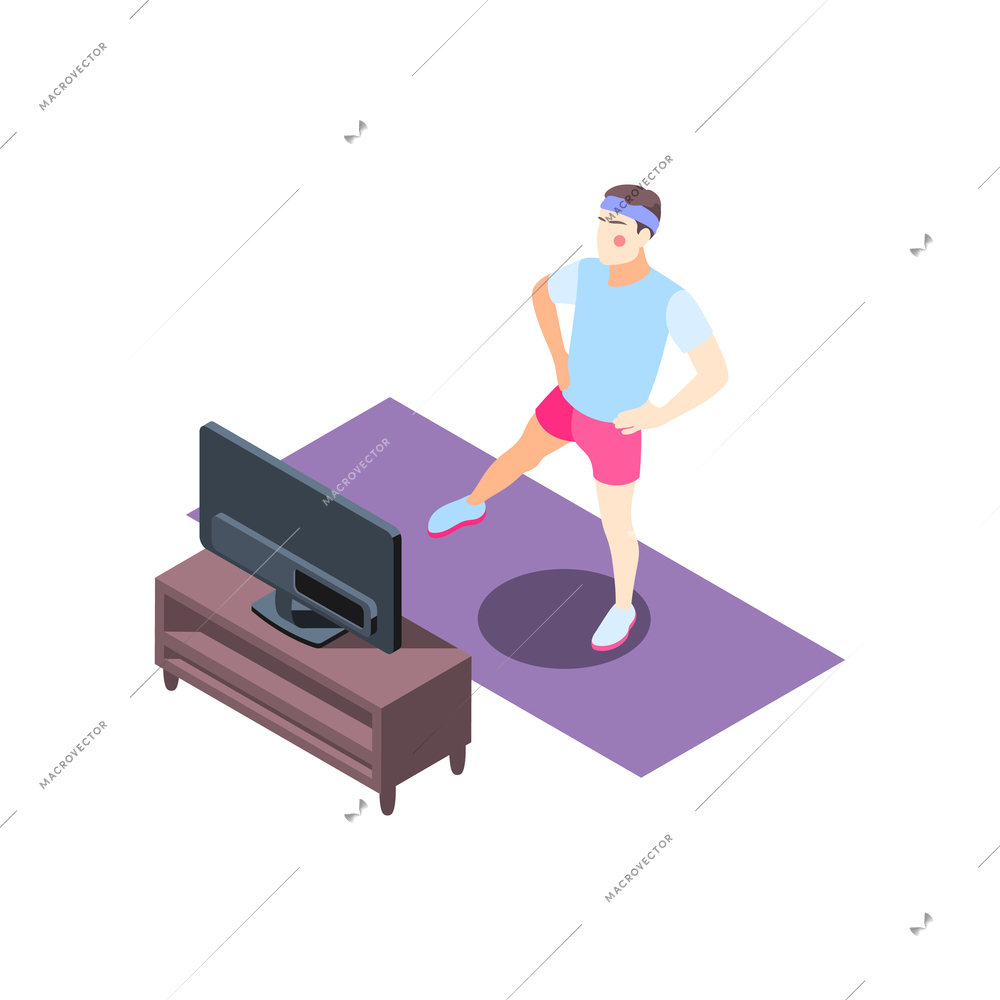 Fitness online isometric composition with female character doing remote physical exercises using tv vector illustration