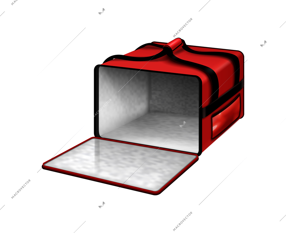 Food delivery courier opened bag closeup front view realistic composition with bright red colors vector illustration