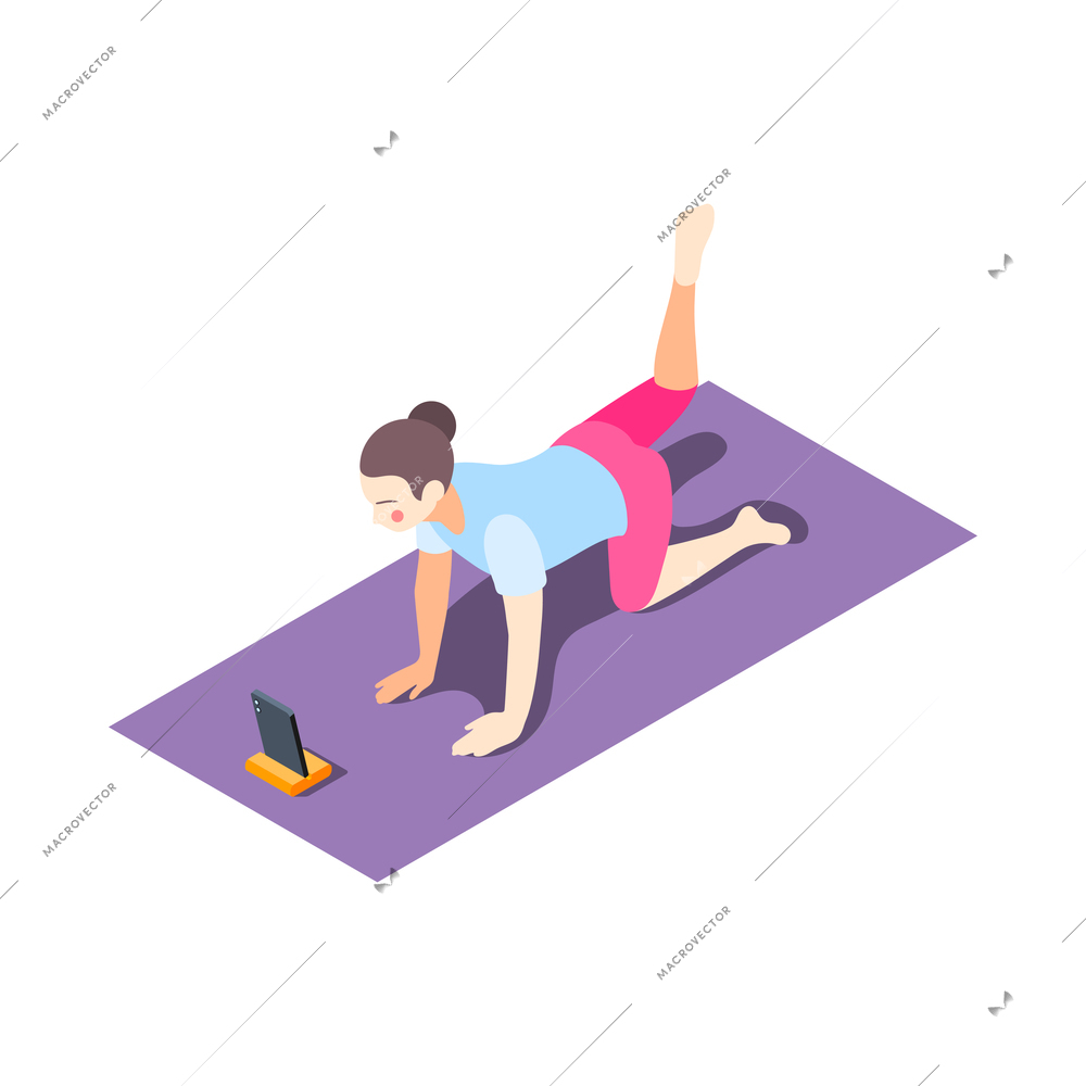 Fitness online isometric composition with female character doing remote physical exercises using phone vector illustration