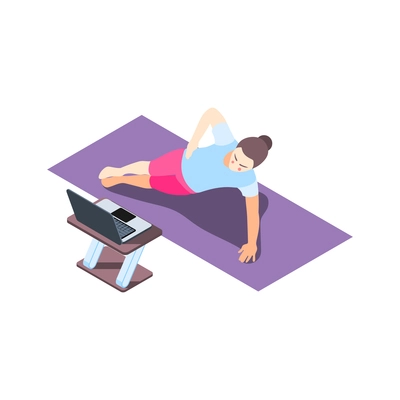 Fitness online isometric composition with female character doing remote physical exercises using laptopvector illustration