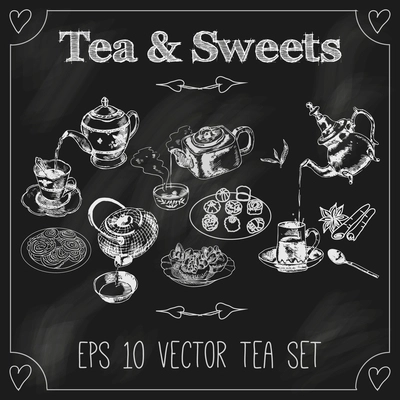 Japanese indian and classic english porcelai teapots teacups and sweets sketches composition set  blackboard chalk vector illustration