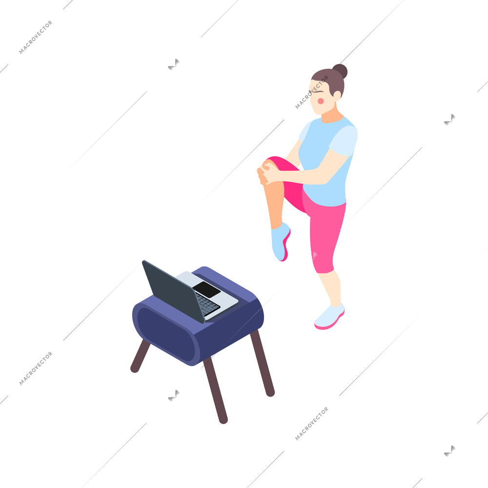 Fitness online isometric composition with female character doing remote physical exercises using laptop vector illustration