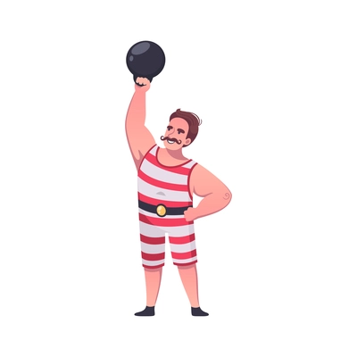 Circus cartoon composition with character of strongman with muscles and weight vector illustration