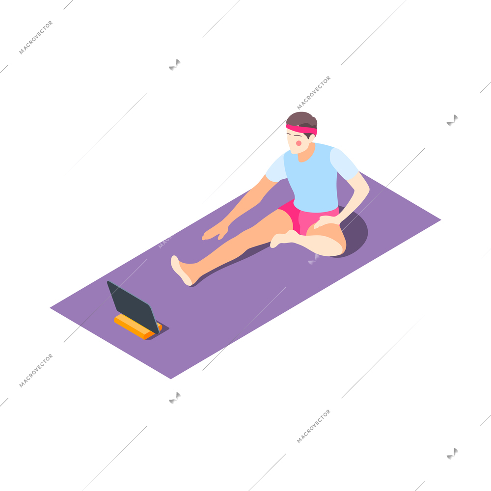 Fitness online isometric composition with female character doing remote physical exercises using tablet vector illustration