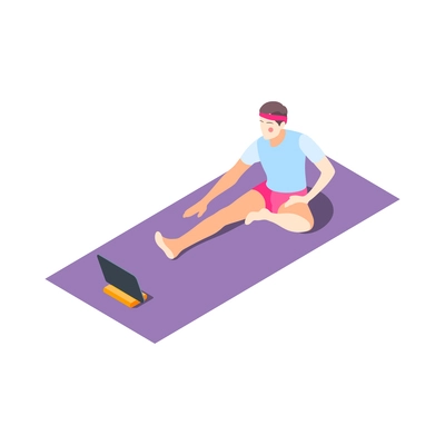 Fitness online isometric composition with female character doing remote physical exercises using tablet vector illustration