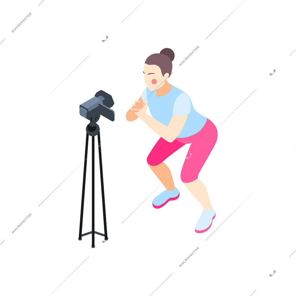 Fitness online isometric composition with female character recording physical exercises on camera vector illustration