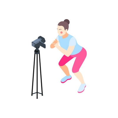 Fitness online isometric composition with female character recording physical exercises on camera vector illustration