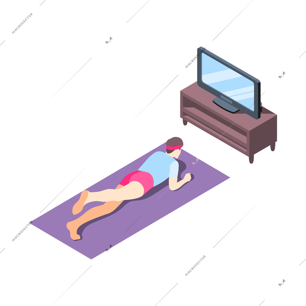 Fitness online isometric composition with female character doing remote physical exercises using tv vector illustration