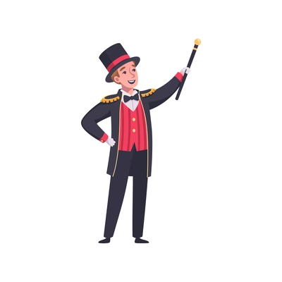 Circus cartoon composition with male character of magician in vintage hat with stick vector illustration