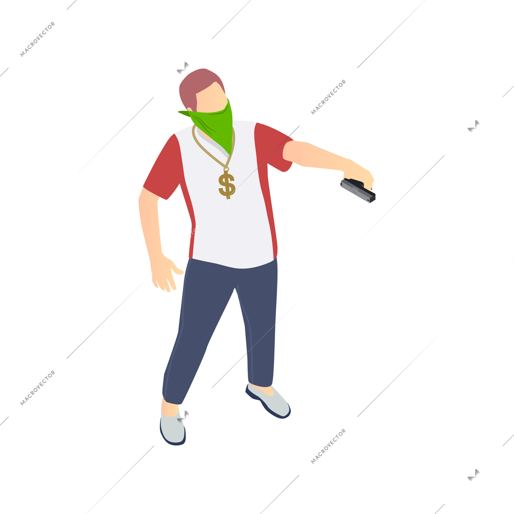 Gang crime robbery stealing isometric composition with human character of modern gangster rapper with gun vector illustration