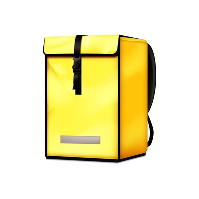 Food delivery courier insulated bag and backpack closeup realistic composition with bright yellow colors vector illustration