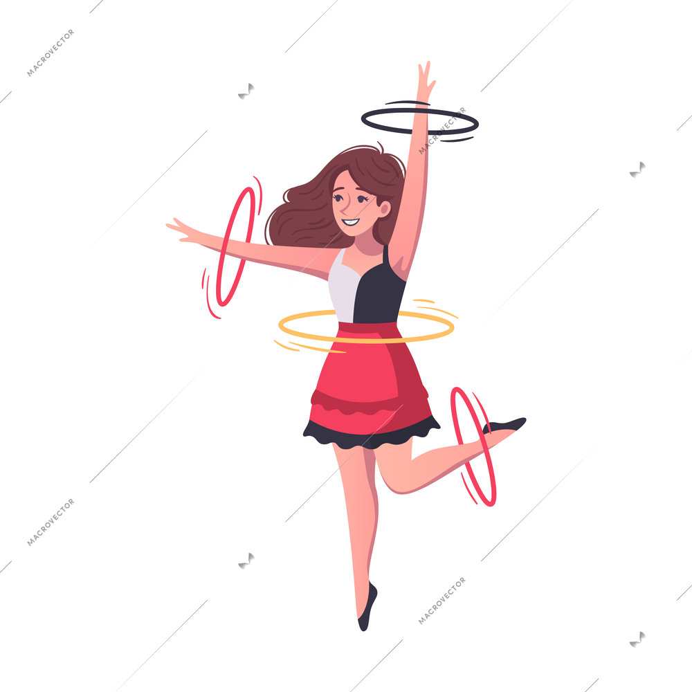 Circus cartoon composition with character of female dancer spinning hoops on arms and legs vector illustration