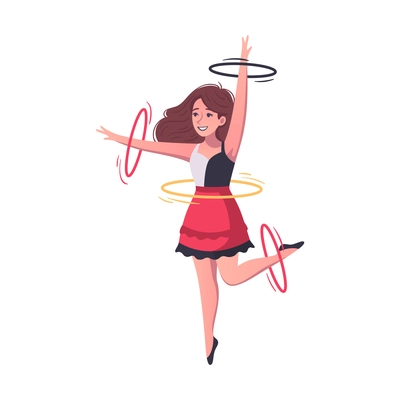 Circus cartoon composition with character of female dancer spinning hoops on arms and legs vector illustration