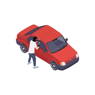 Gang crime robbery stealing isometric composition with image of car and character of robber with sword vector illustration