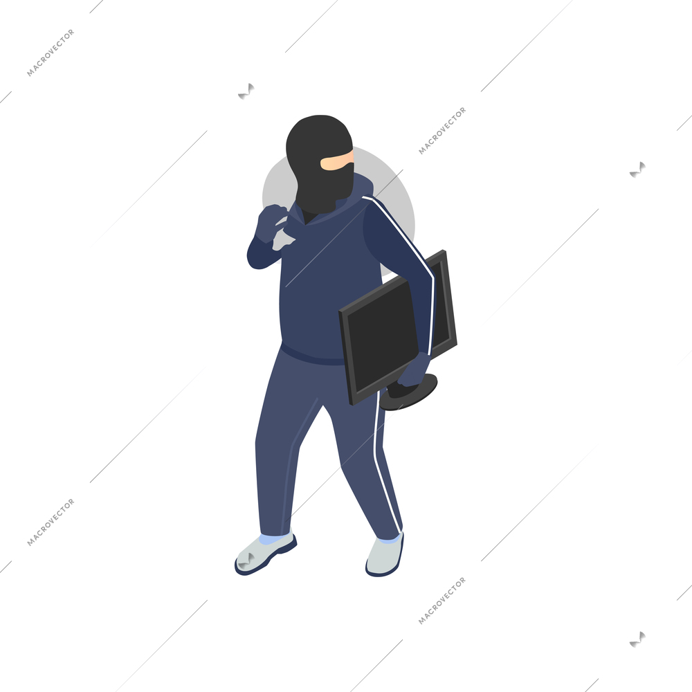 Gang crime robbery stealing isometric composition with human character of thief in mask with goods vector illustration