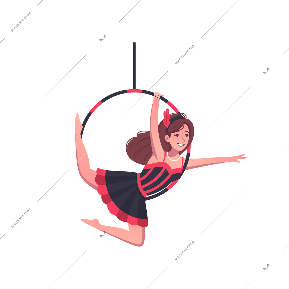 Circus cartoon composition with character of woman gymnast hanging on hoop vector illustration