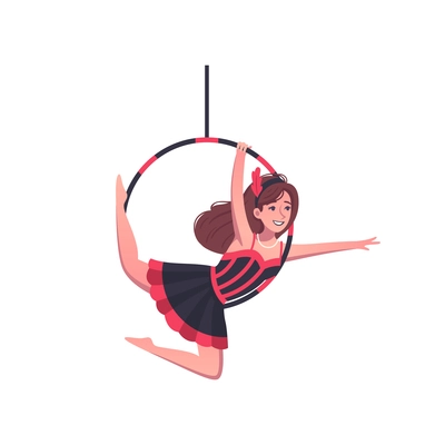 Circus cartoon composition with character of woman gymnast hanging on hoop vector illustration