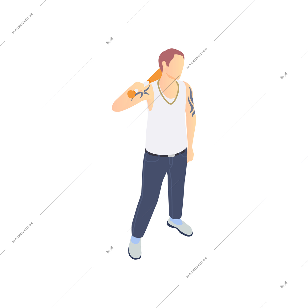 Gang crime robbery stealing isometric composition with tattooed man holding bat on his shoulder vector illustration