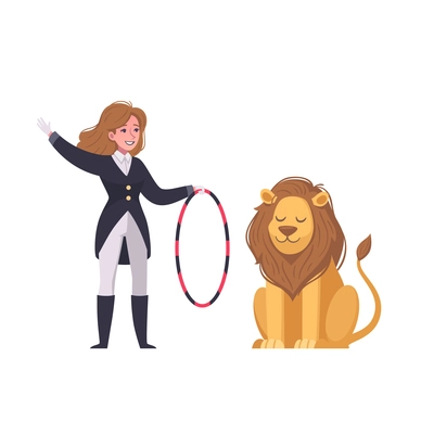 Circus cartoon composition with isolated character of female tamer holding hoop and lion vector illustration