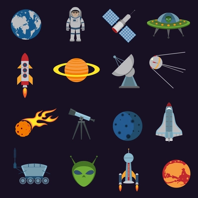 Space and astronomy icons set of rocket satellite earth alien isolated vector illustration