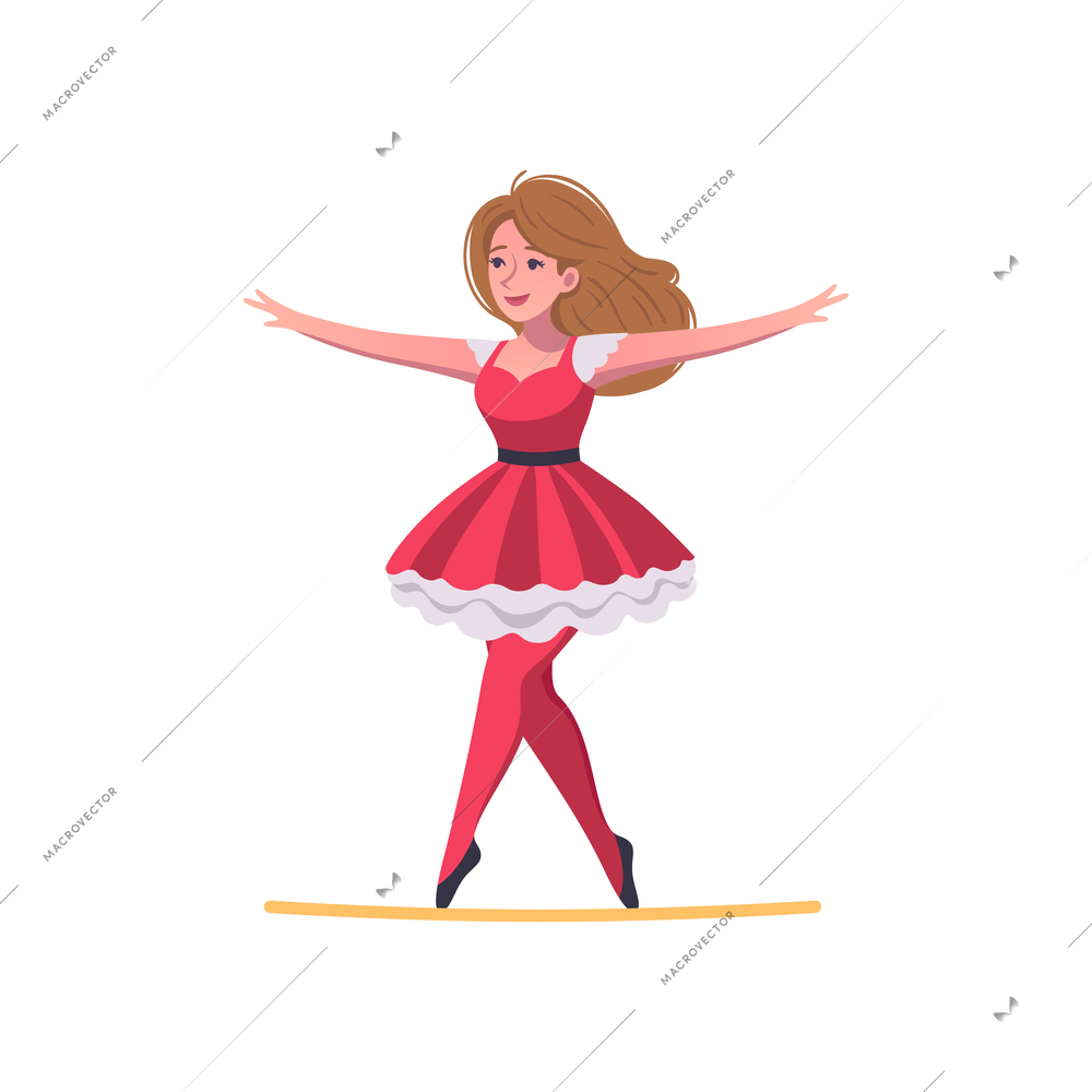 Circus cartoon composition with female character of beautiful dancing woman in dress vector illustration