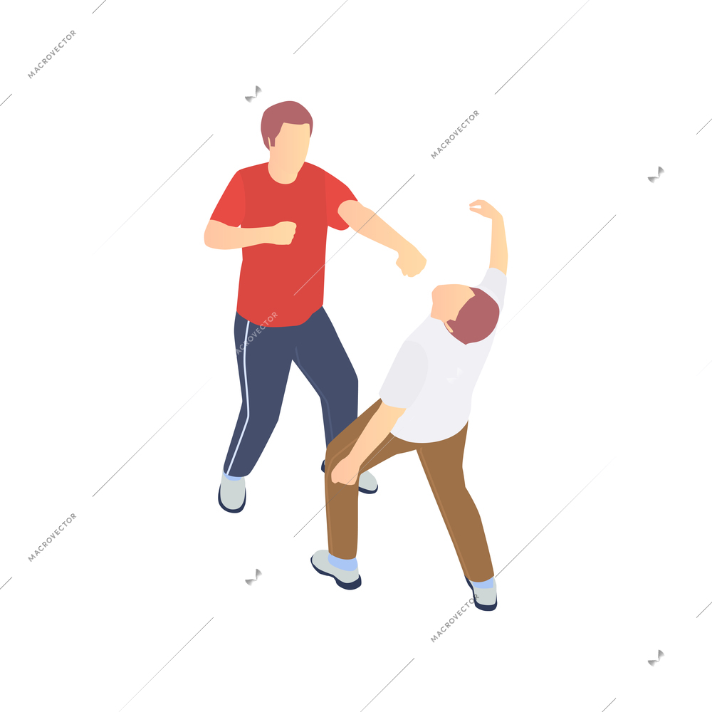 Gang crime robbery stealing isometric composition with character of robber punching victim in face vector illustration