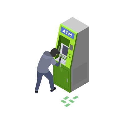 Gang crime robbery stealing isometric composition with character of thief robbing the atm vector illustration