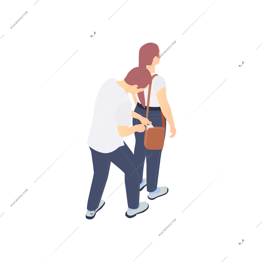 Gang crime robbery stealing isometric composition with justling thief into womans bag vector illustration