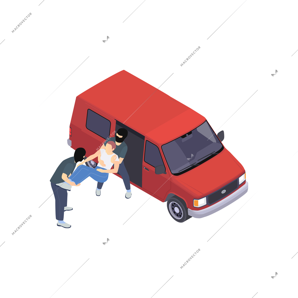 Gang crime robbery stealing isometric composition with pair of kidnappers pulling victim to van vector illustration