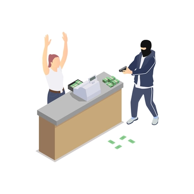 Gang crime robbery stealing isometric composition with robber pointing gun to cashier with money vector illustration