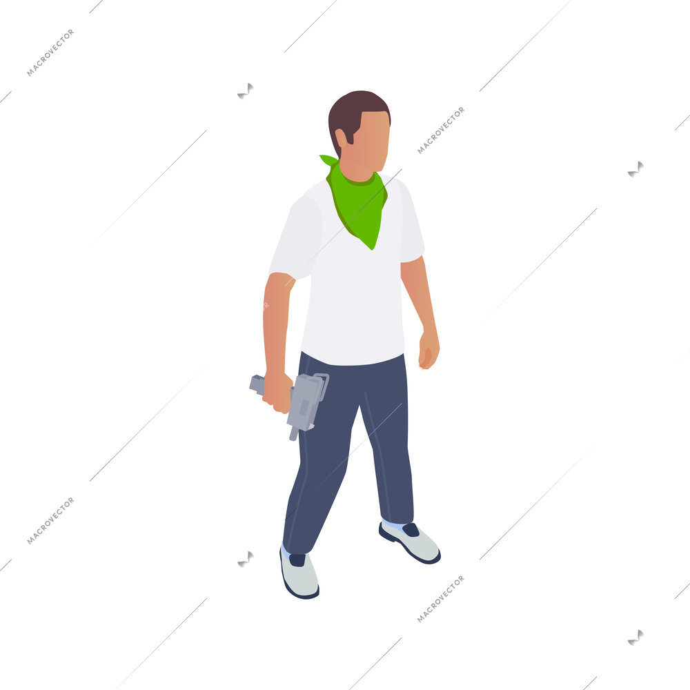 Gang crime robbery stealing isometric composition with character of criminal holding hand gun vector illustration