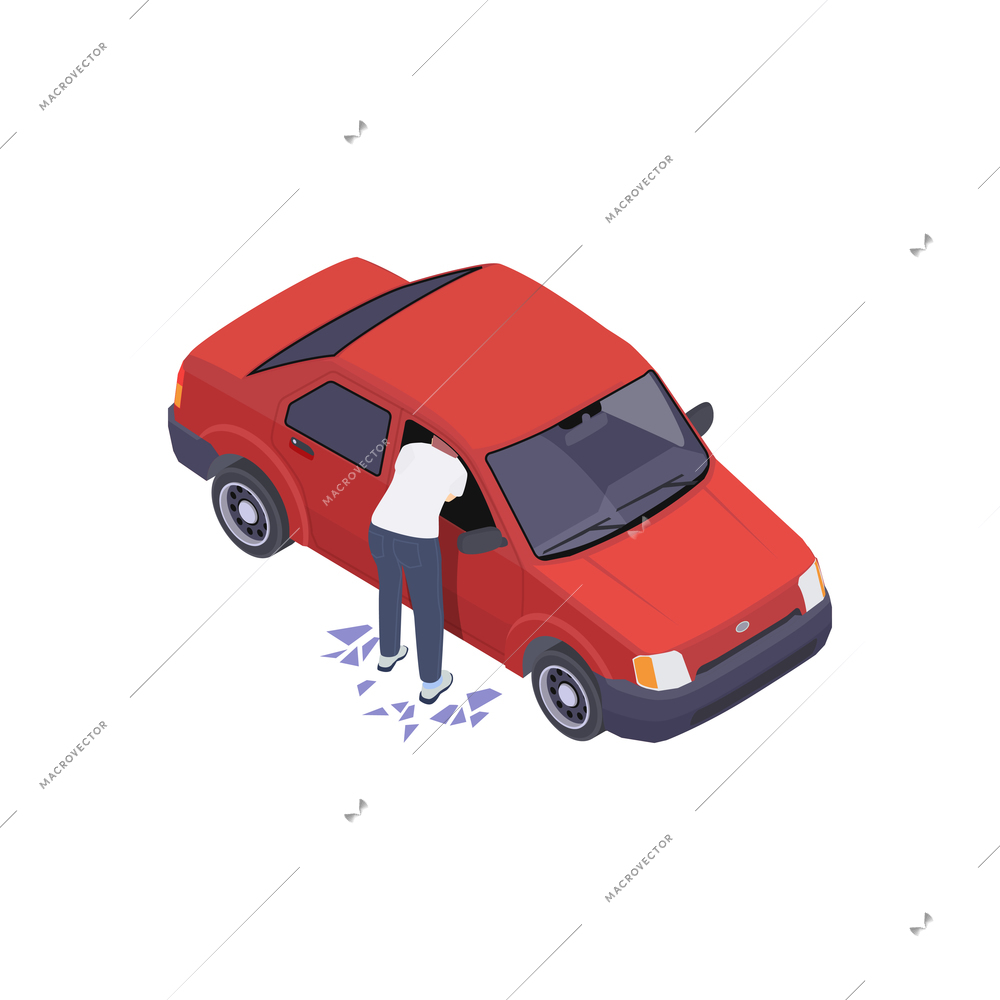 Gang crime robbery stealing isometric composition with man breaking car window stealing goods vector illustration