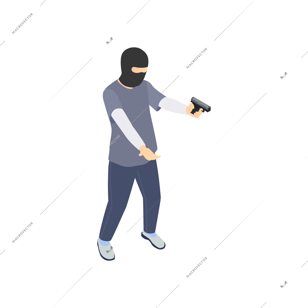 Gang crime robbery stealing isometric composition with character of robber in mask holding gun vector illustration