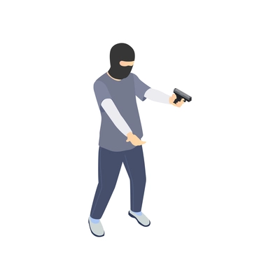 Gang crime robbery stealing isometric composition with character of robber in mask holding gun vector illustration