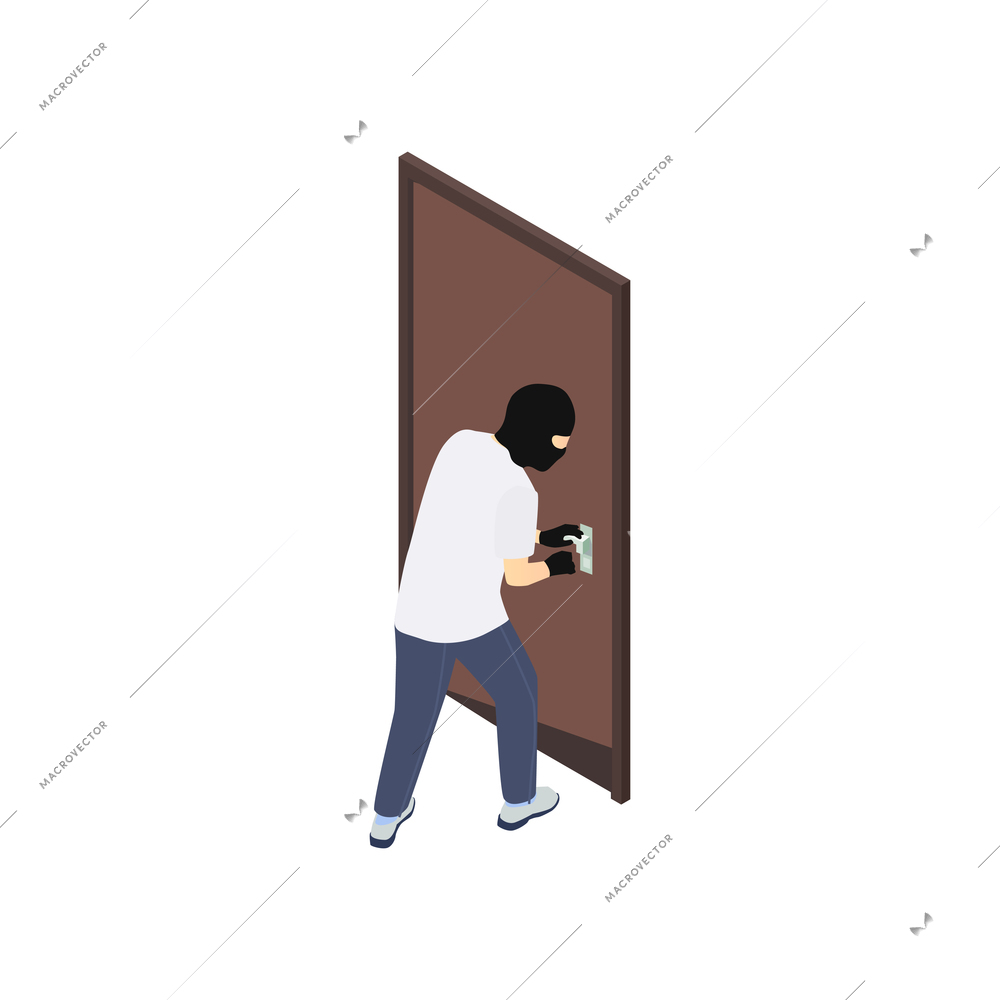 Gang crime robbery stealing isometric composition with character of robber smashing apartment door vector illustration