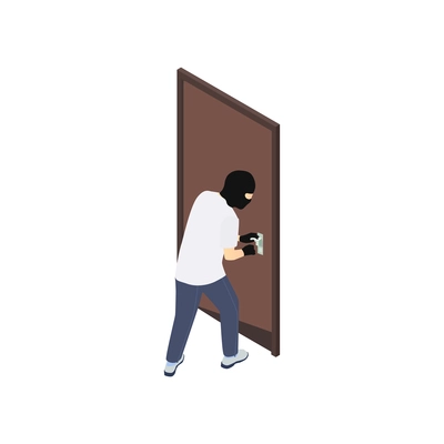 Gang crime robbery stealing isometric composition with character of robber smashing apartment door vector illustration