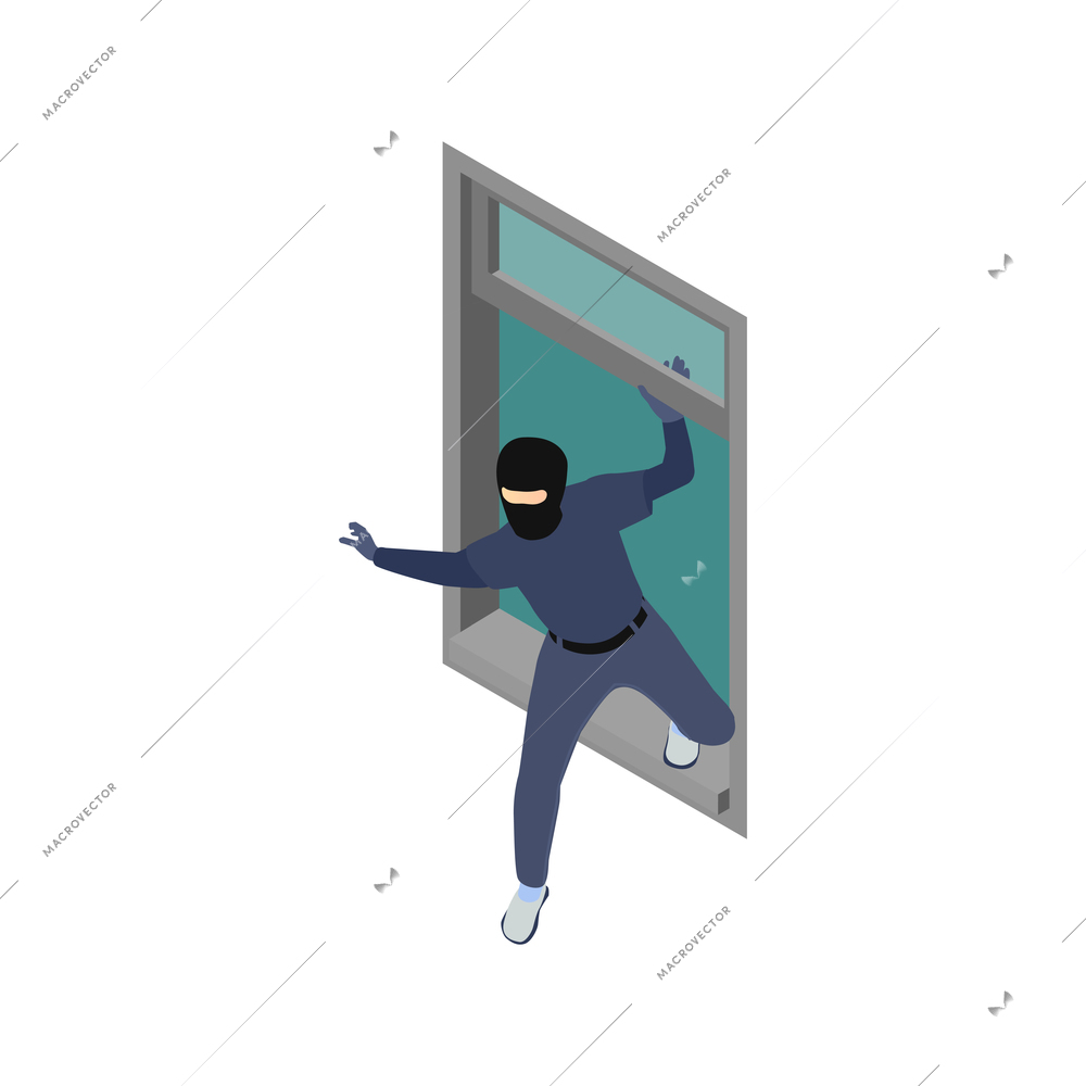 Gang crime robbery stealing isometric composition with robber character coming through wall window vector illustration